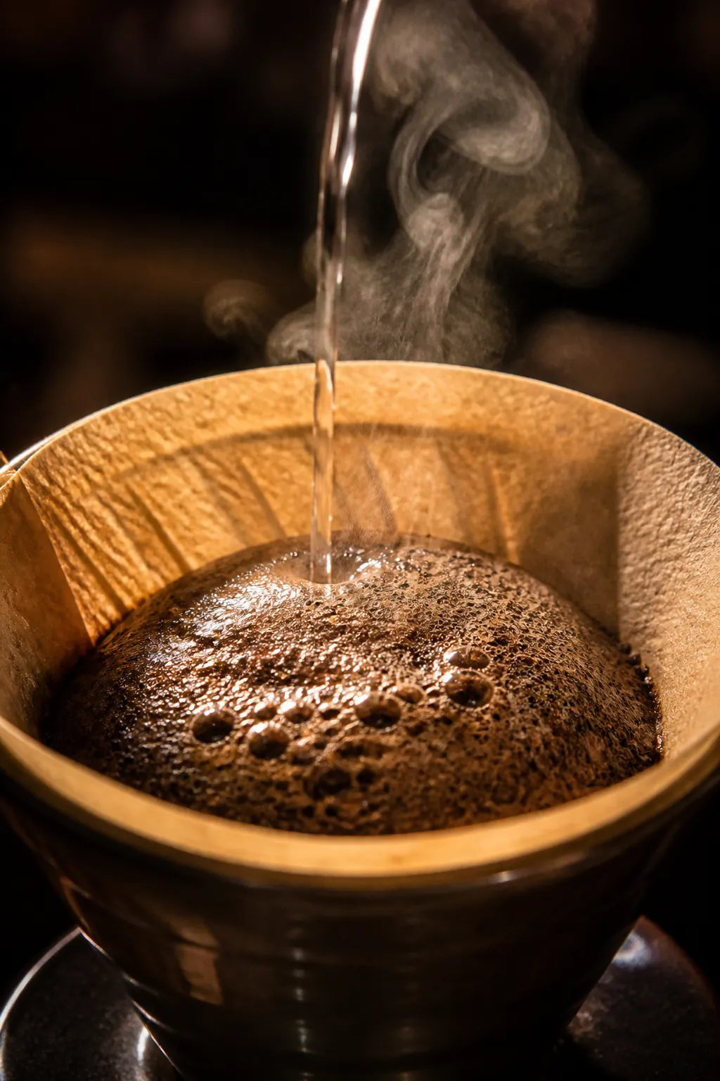Pour-over bloom, steam backlit