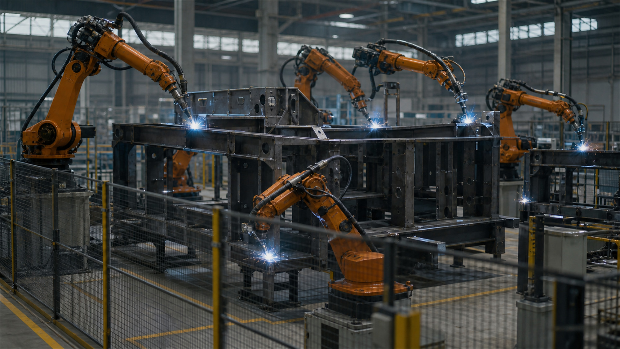 Robotic welding cells joining a heavy steel frame