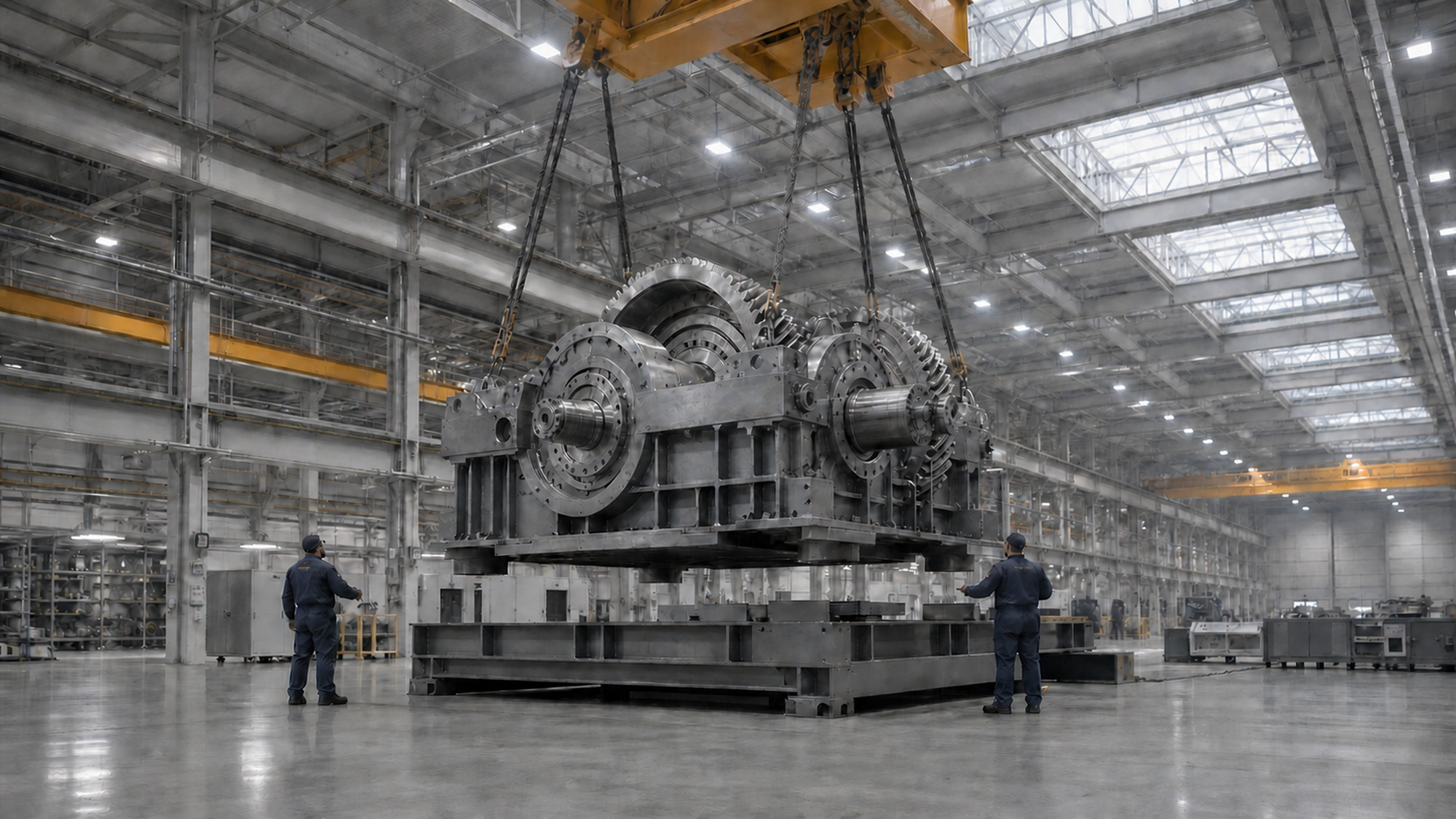 Technicians assembling a large industrial gearbox