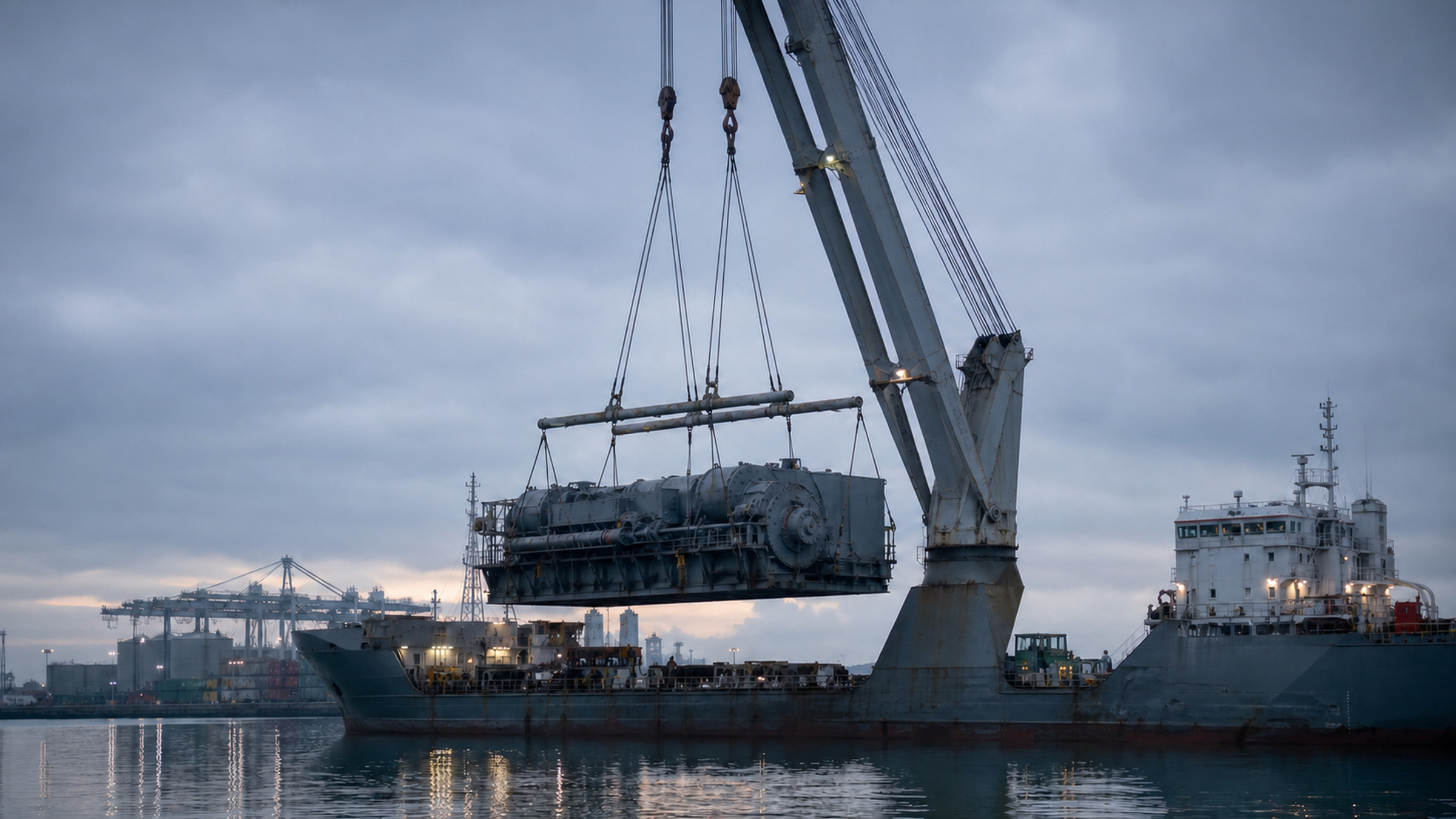 Heavy-lift vessel loading oversized equipment at dawn