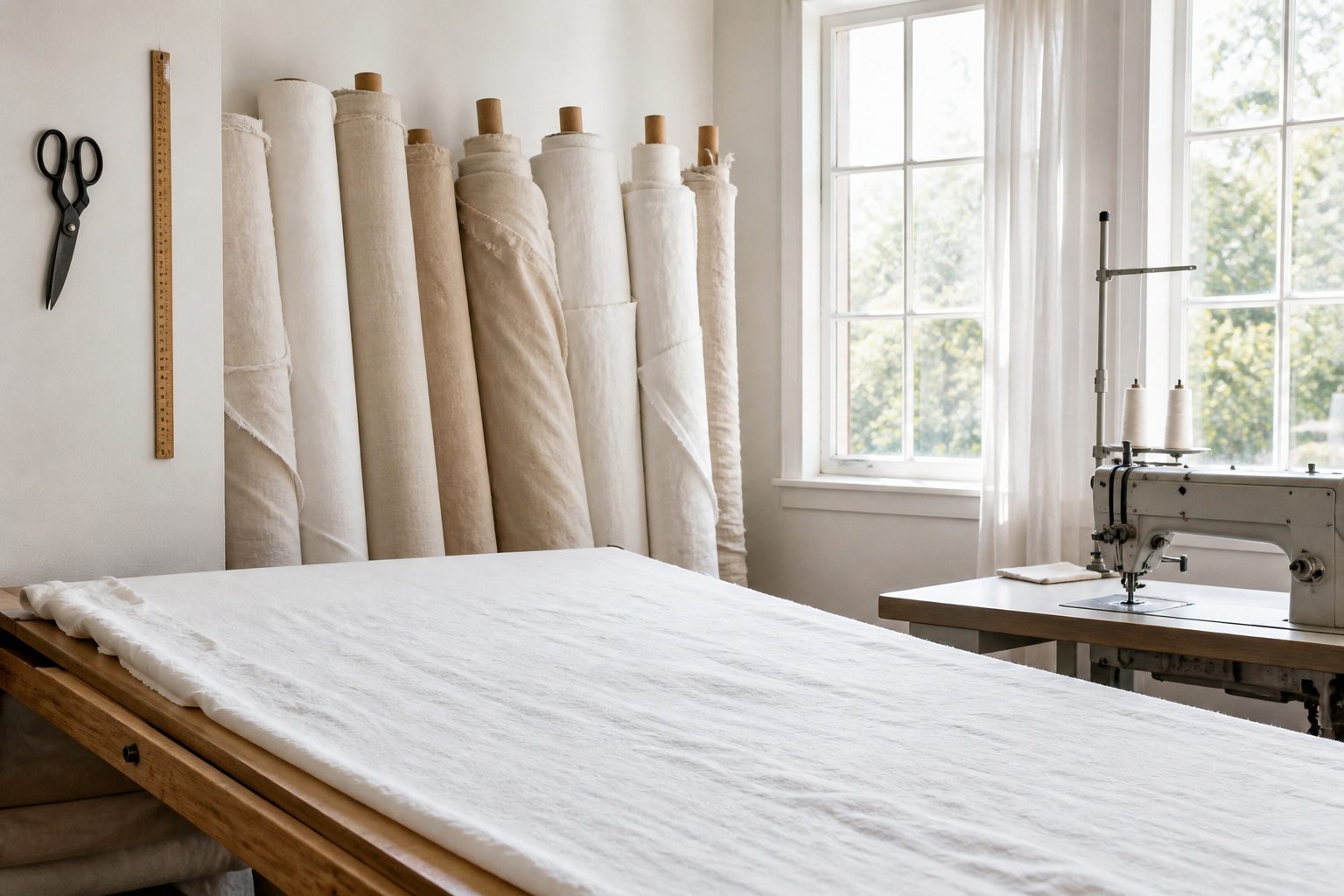 The bright Velvaar sewing atelier: a cutting table with white linen, bolts of fabric and an industrial sewing machine