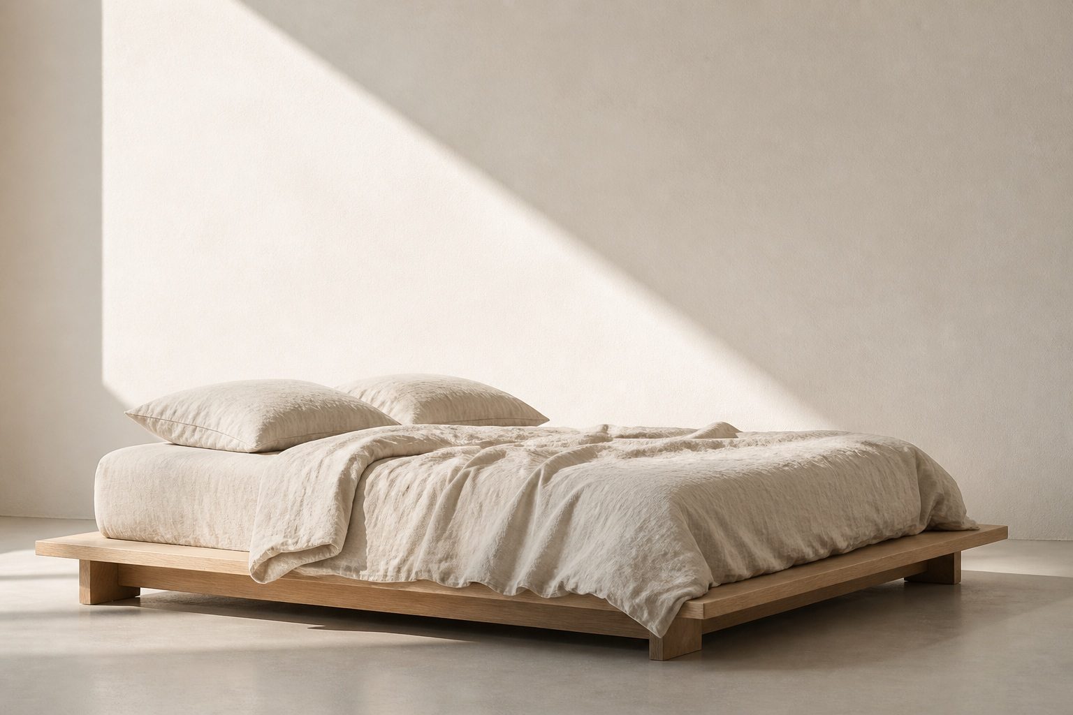 A low oak bed in oat stone-washed linen against a vast warm-white wall, a slanted patch of window light above