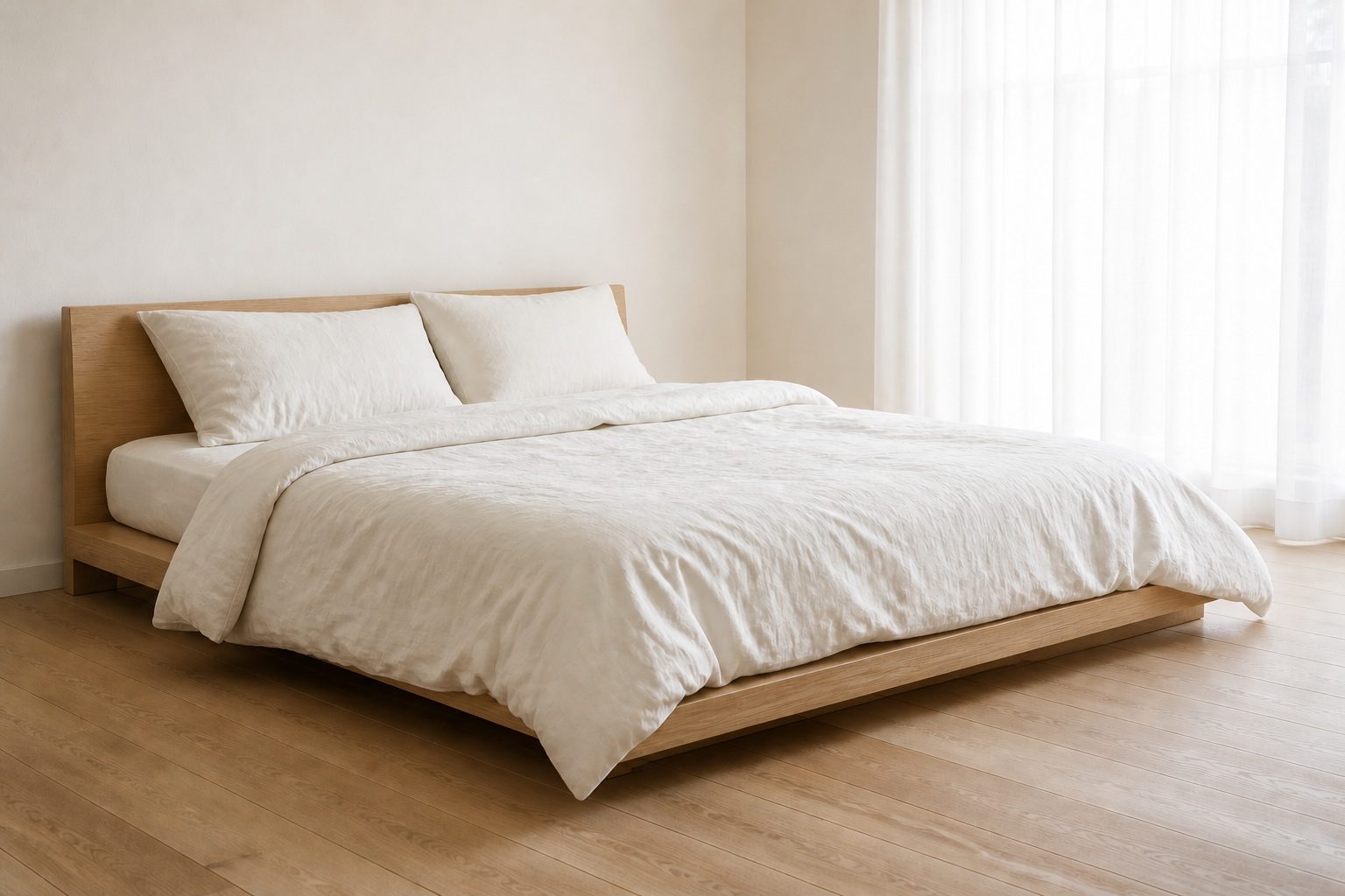 A low oak bed made with ivory stone-washed linen in a bright room with sheer curtains