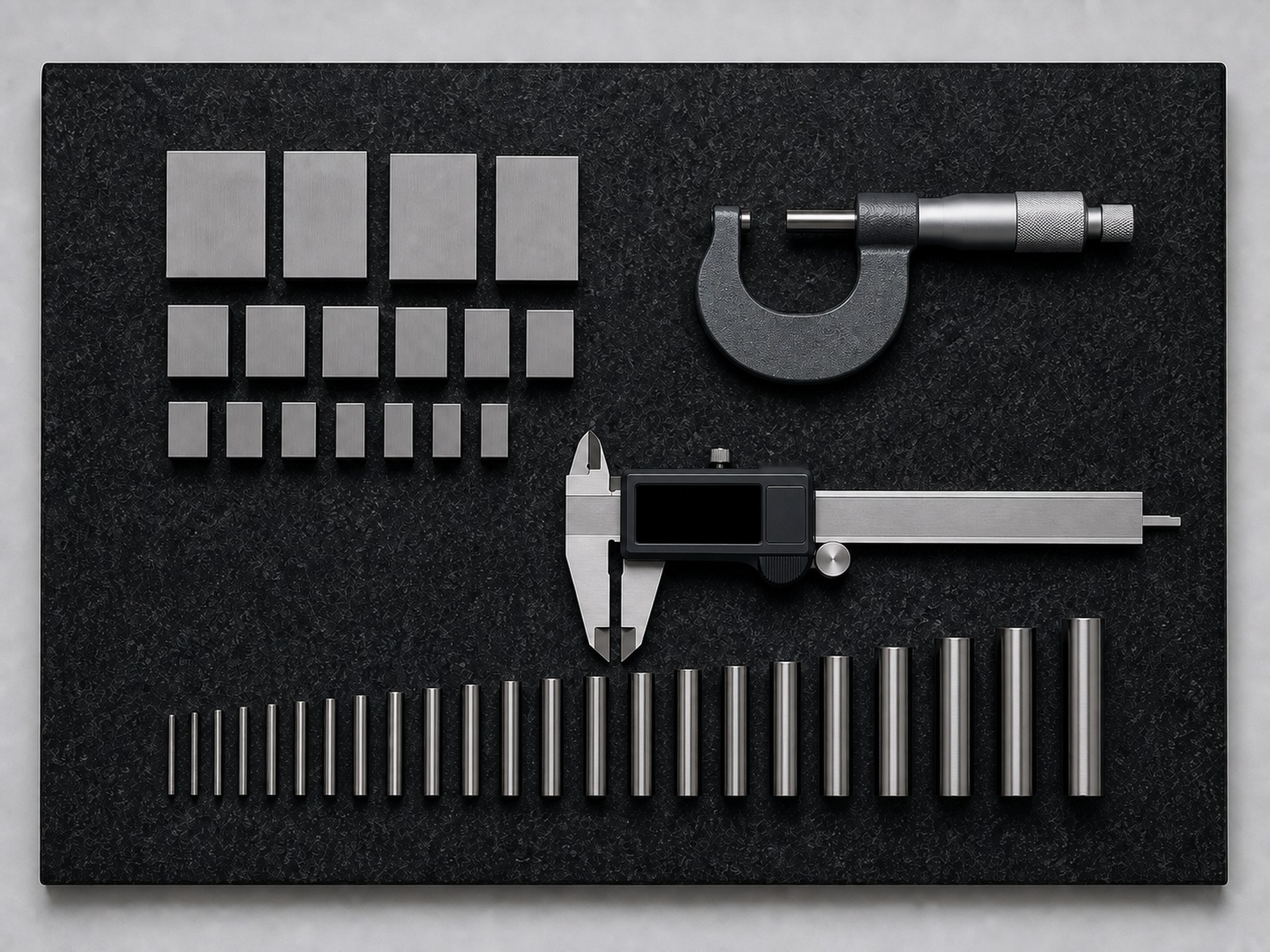 Gauge blocks and micrometers on a granite plate
